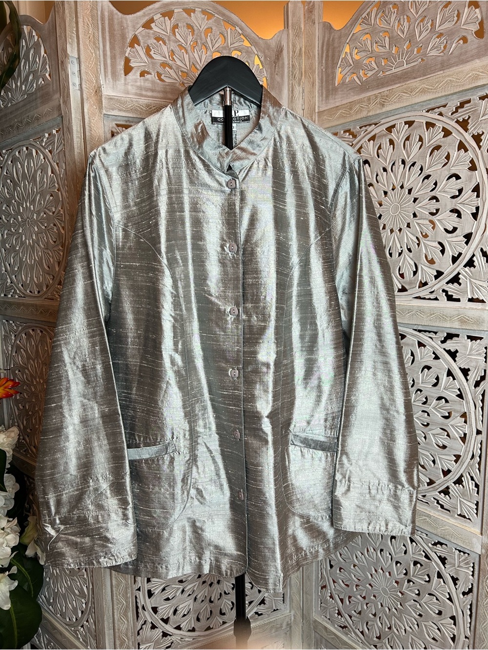 Metallic Silver Button-Front Women's Jacket